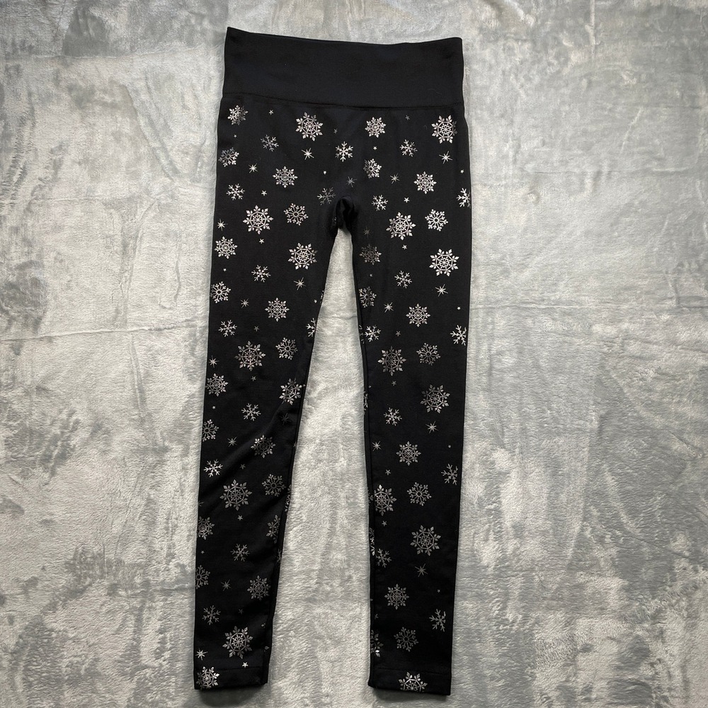 French Laundry‎ Black Snowflake Print Leggings Winter Holiday Cozy L XL